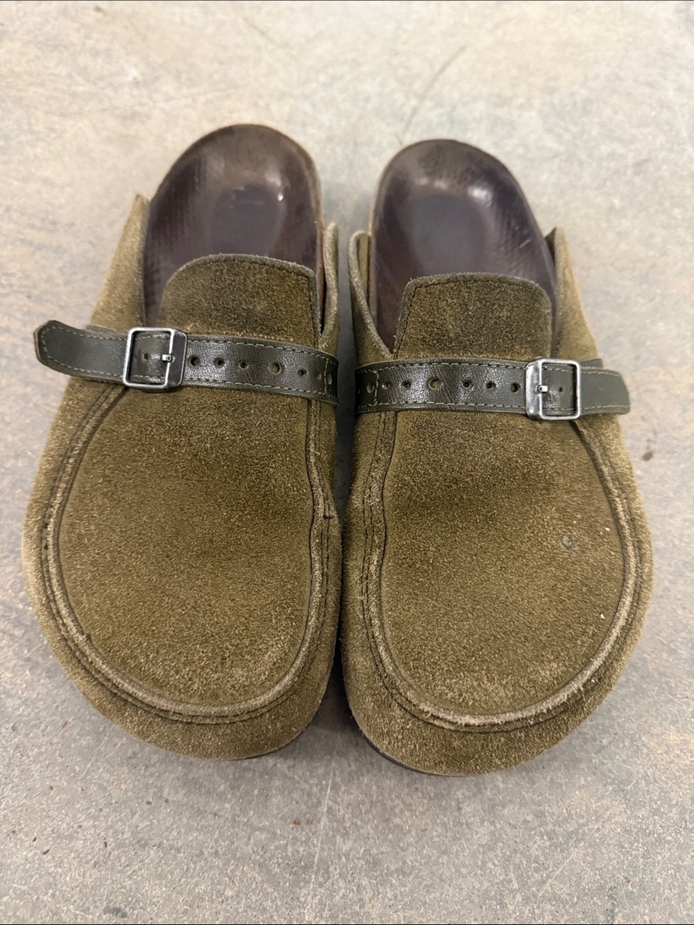 Birkenstock Olive Suede Slip-On Clogs with Adjustable Buckle